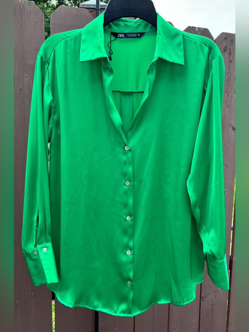 Zara Bright Green Satin Button-Down Shirt